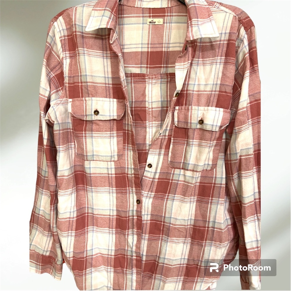 Pink and White Hollister Flannel Size Small
